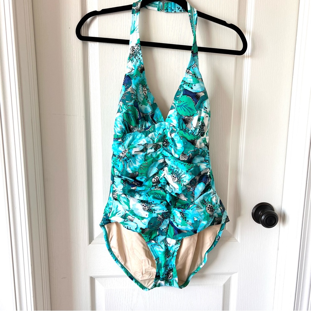 TROPICAL ESCAPE Abstract Floral Ruched One Piece Bathing Suit—SZ. 14